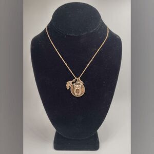 Owl Oak Leaf & Rhinestone Pendant Long Chain Necklace 39"